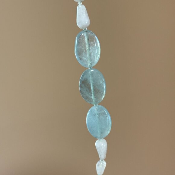 Genuine Blue Aquamarine & Rainbow Moonstone Bracelet, Beaded Gemstone Bracelet - Picture 4 of 10